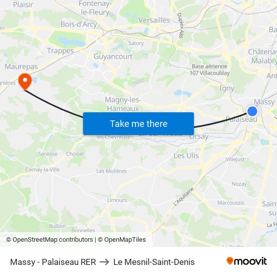 Massy - Palaiseau RER to Le Mesnil-Saint-Denis map