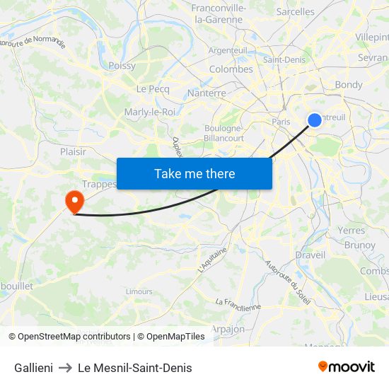 Gallieni to Le Mesnil-Saint-Denis map