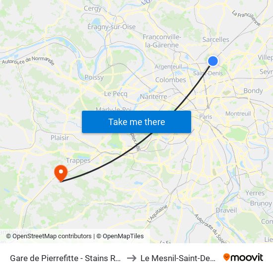 Gare de Pierrefitte - Stains RER to Le Mesnil-Saint-Denis map