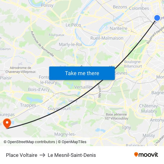 Place Voltaire to Le Mesnil-Saint-Denis map