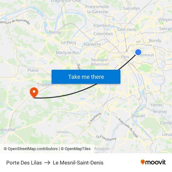 Porte Des Lilas to Le Mesnil-Saint-Denis map