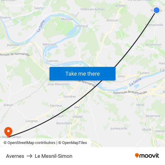 Avernes to Le Mesnil-Simon map