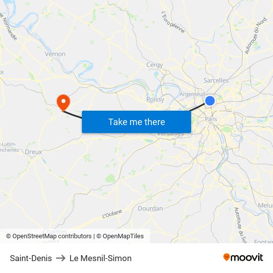 Saint-Denis to Le Mesnil-Simon map
