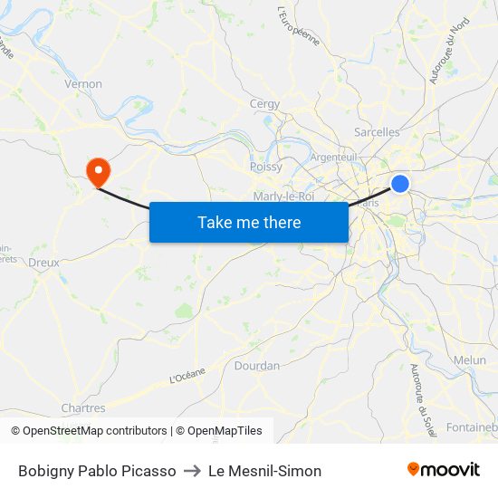 Bobigny Pablo Picasso to Le Mesnil-Simon map