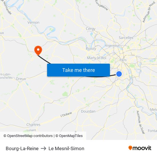 Bourg-La-Reine to Le Mesnil-Simon map