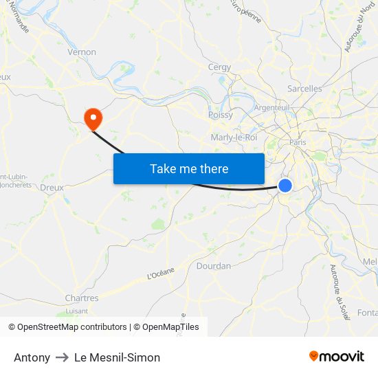 Antony to Le Mesnil-Simon map