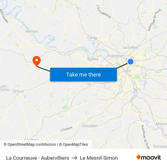 La Courneuve - Aubervilliers to Le Mesnil-Simon map
