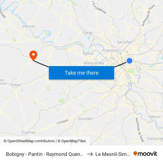 Bobigny - Pantin - Raymond Queneau to Le Mesnil-Simon map