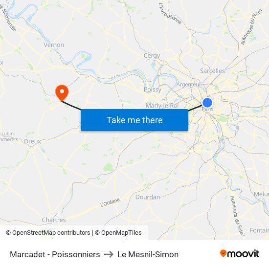 Marcadet - Poissonniers to Le Mesnil-Simon map