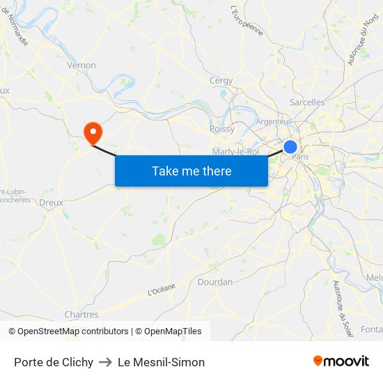 Porte de Clichy to Le Mesnil-Simon map