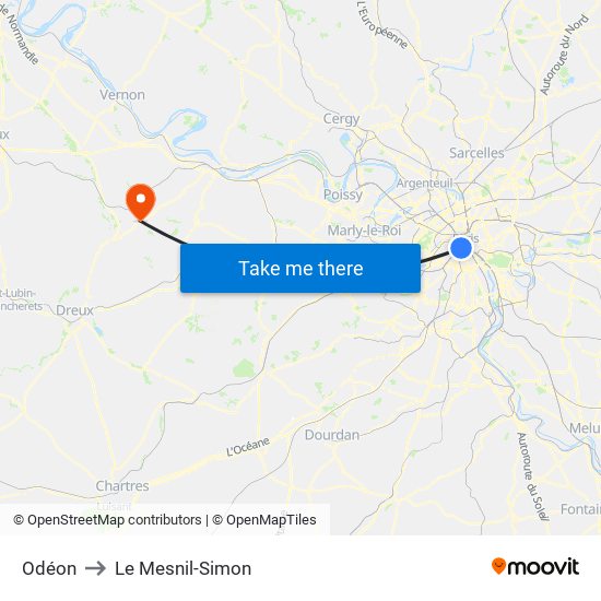 Odéon to Le Mesnil-Simon map