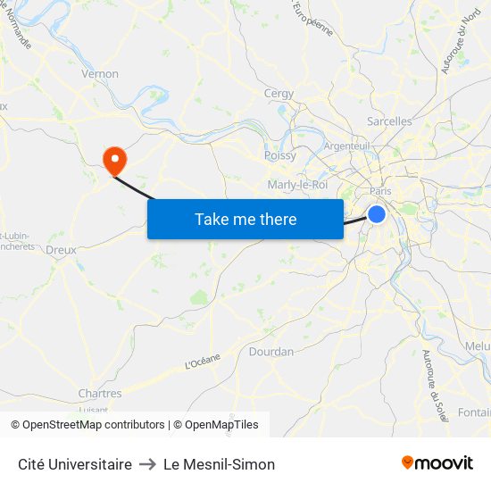 Cité Universitaire to Le Mesnil-Simon map