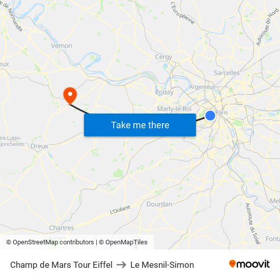 Champ de Mars Tour Eiffel to Le Mesnil-Simon map