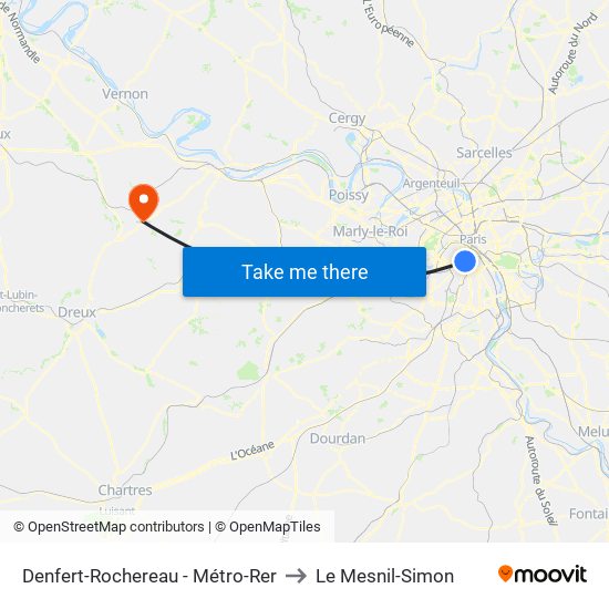 Denfert-Rochereau - Métro-Rer to Le Mesnil-Simon map