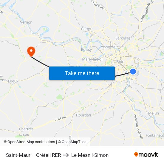Saint-Maur – Créteil RER to Le Mesnil-Simon map