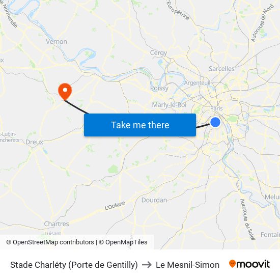 Stade Charléty (Porte de Gentilly) to Le Mesnil-Simon map