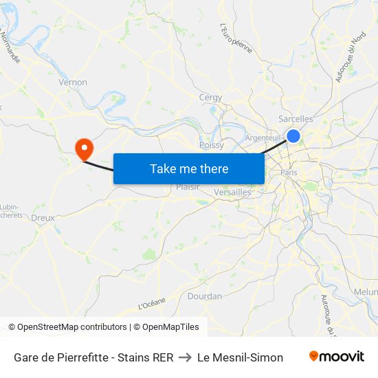 Gare de Pierrefitte - Stains RER to Le Mesnil-Simon map