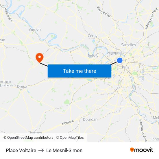 Place Voltaire to Le Mesnil-Simon map