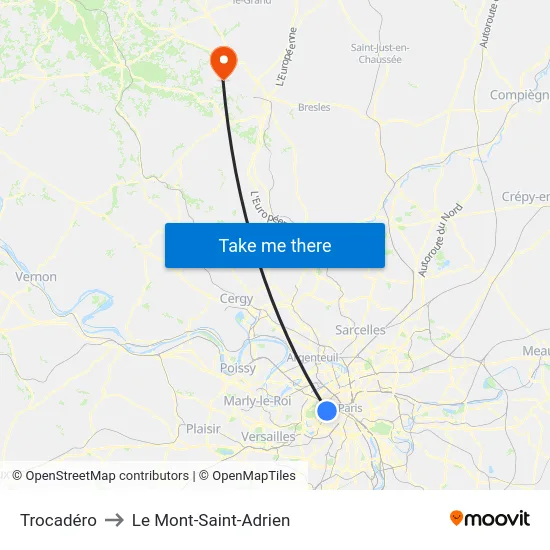 Trocadéro to Le Mont-Saint-Adrien map