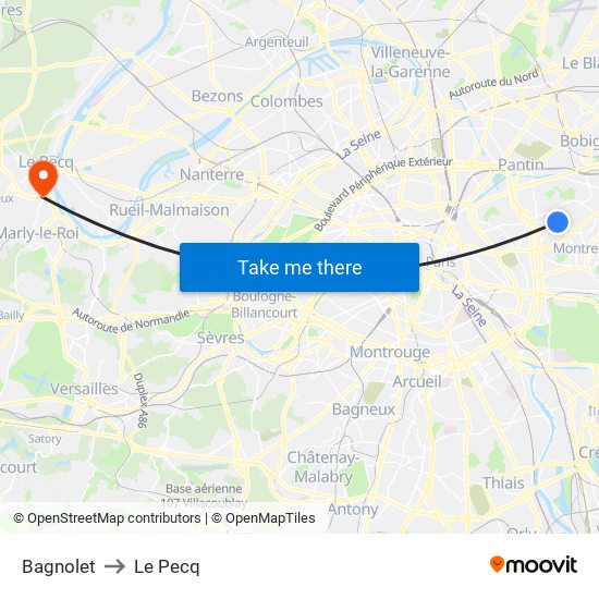 Bagnolet to Le Pecq map