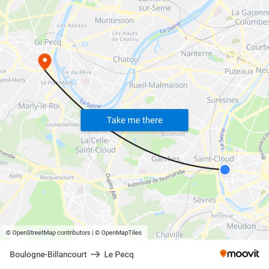 Boulogne-Billancourt to Le Pecq map