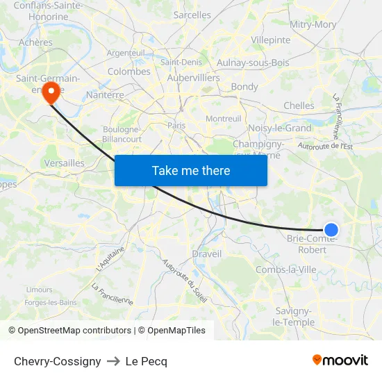Chevry-Cossigny to Le Pecq map