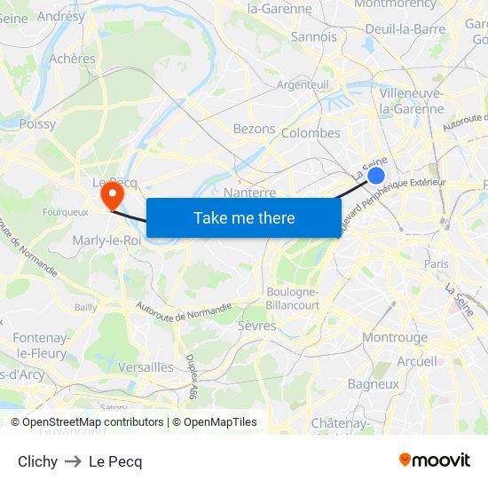 Clichy to Le Pecq map