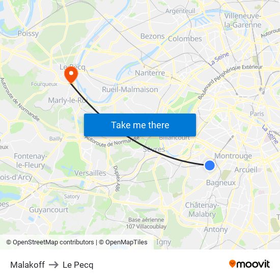 Malakoff to Le Pecq map