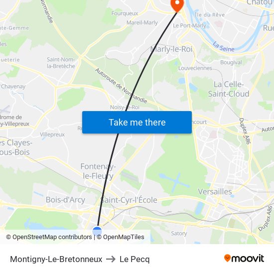 Montigny-Le-Bretonneux to Le Pecq map