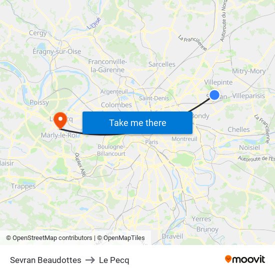 Sevran Beaudottes to Le Pecq map