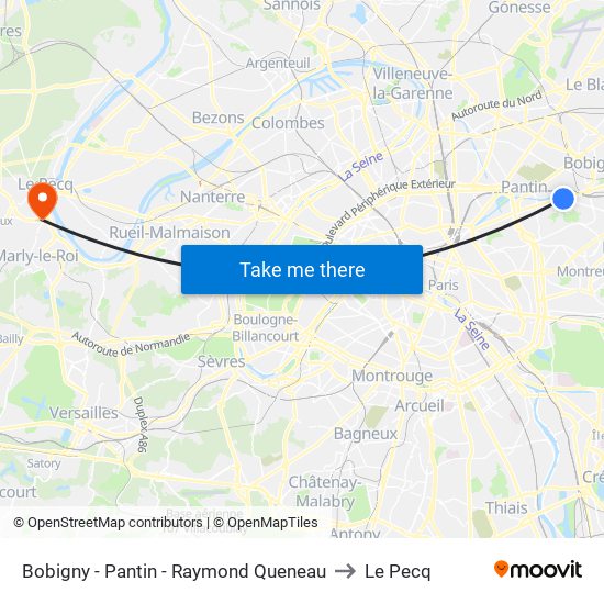 Bobigny - Pantin - Raymond Queneau to Le Pecq map