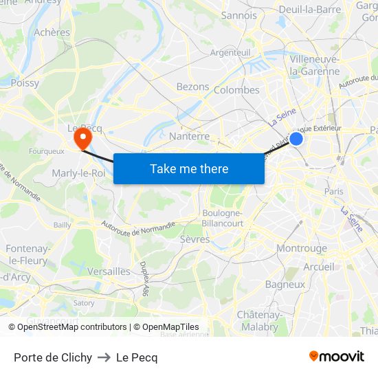 Porte de Clichy to Le Pecq map