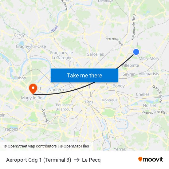 Aéroport Cdg 1 (Terminal 3) to Le Pecq map