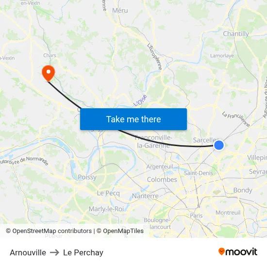 Arnouville to Le Perchay map