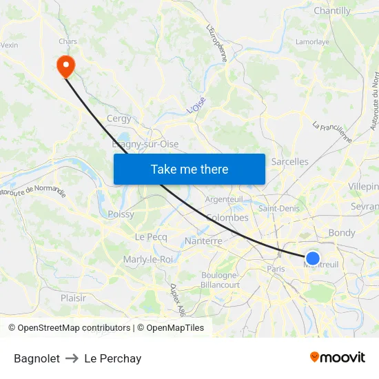 Bagnolet to Le Perchay map