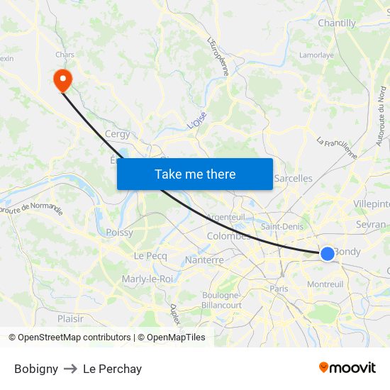 Bobigny to Le Perchay map