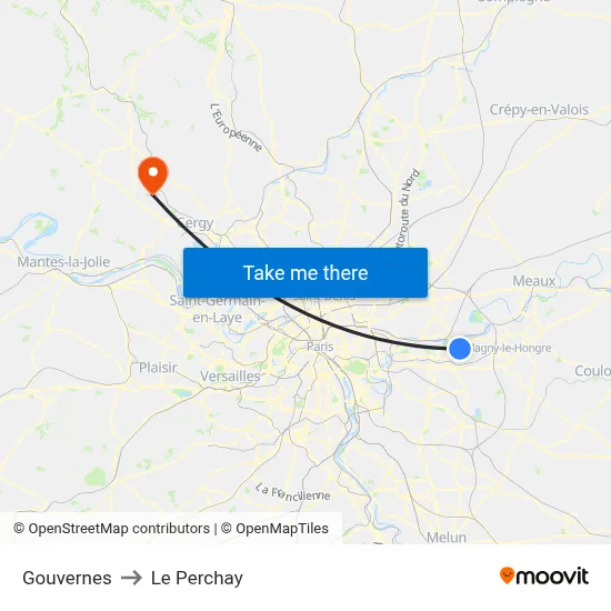 Gouvernes to Le Perchay map