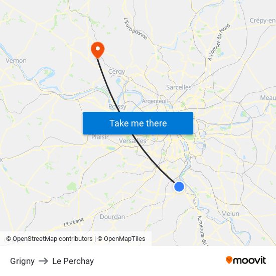 Grigny to Le Perchay map
