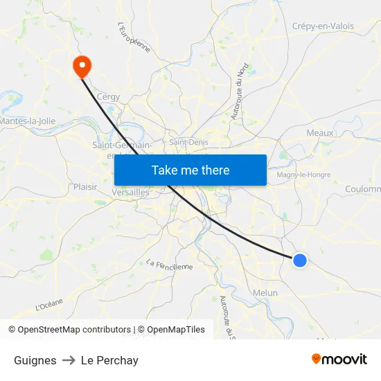 Guignes to Le Perchay map