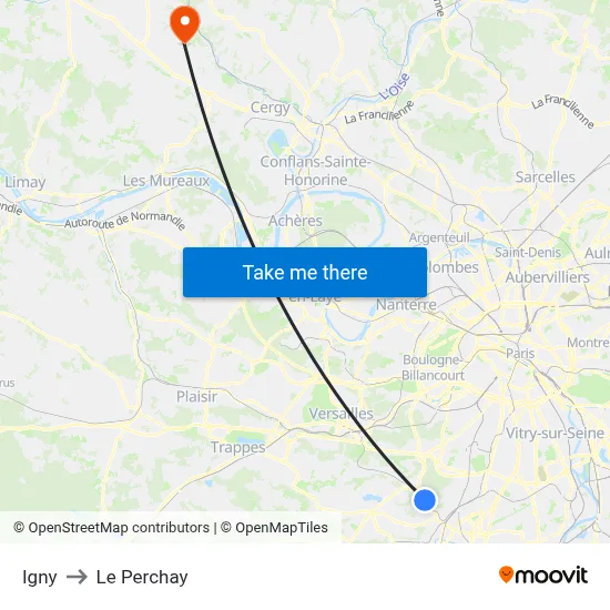 Igny to Le Perchay map