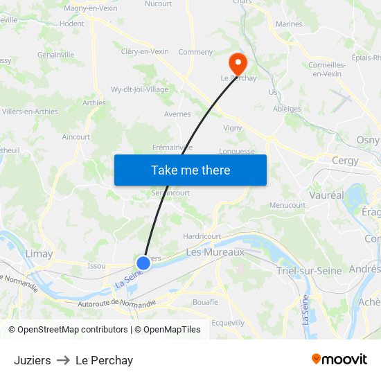 Juziers to Le Perchay map