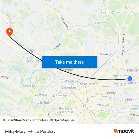 Mitry-Mory to Le Perchay map