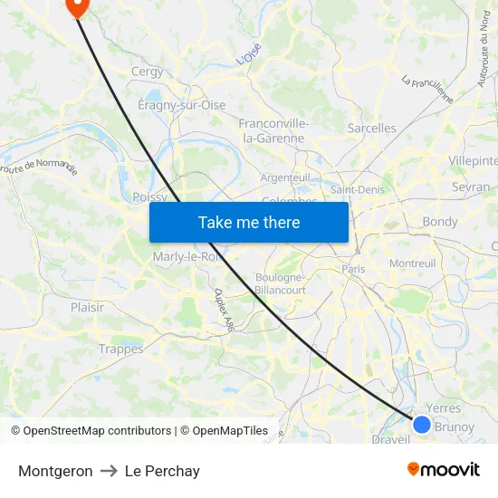 Montgeron to Le Perchay map