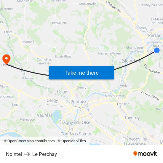 Nointel to Le Perchay map
