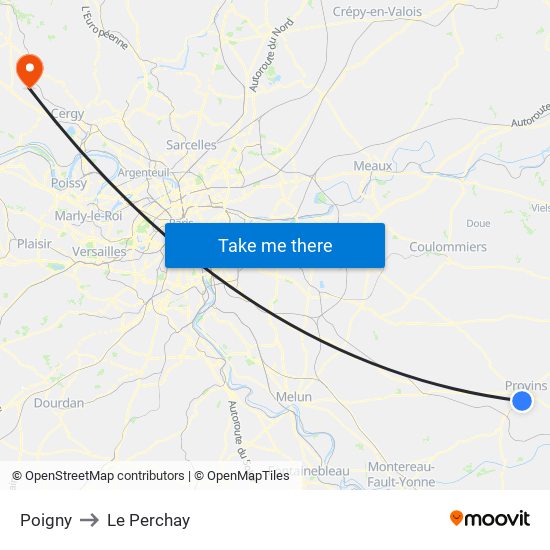 Poigny to Le Perchay map