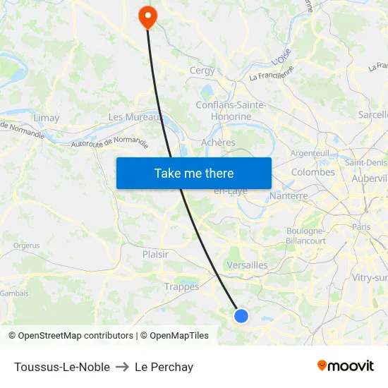 Toussus-Le-Noble to Le Perchay map