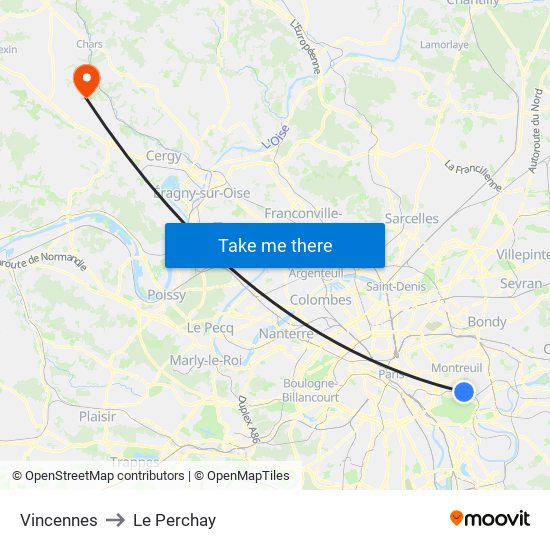 Vincennes to Le Perchay map