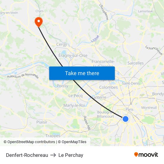 Denfert-Rochereau to Le Perchay map