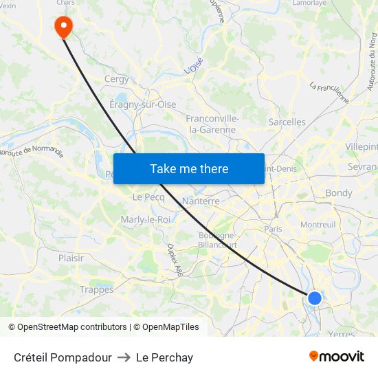 Créteil Pompadour to Le Perchay map