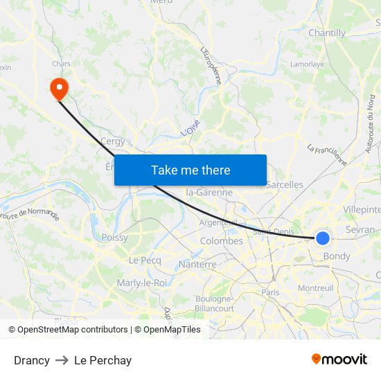 Drancy to Le Perchay map